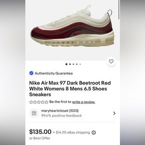 NIKE AIR MAX 97’ Burgundy/Cream Size 9 W